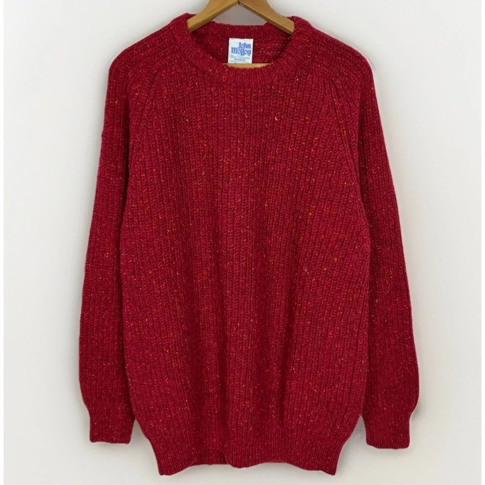 John Molloy Vintage Donegal Virgin Wool Sweater Men's XL Red Chunky Rib Knit EUC
